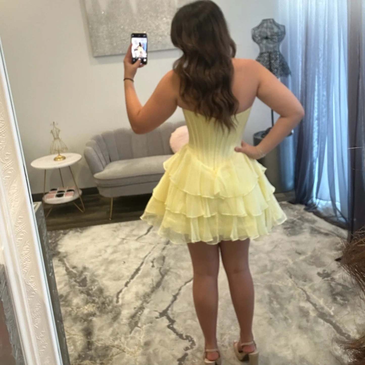 Sweetheart Strapless Ruched Chiffon Corset Homecoming Dress Bow Tiered Ruffle Mini Open Back