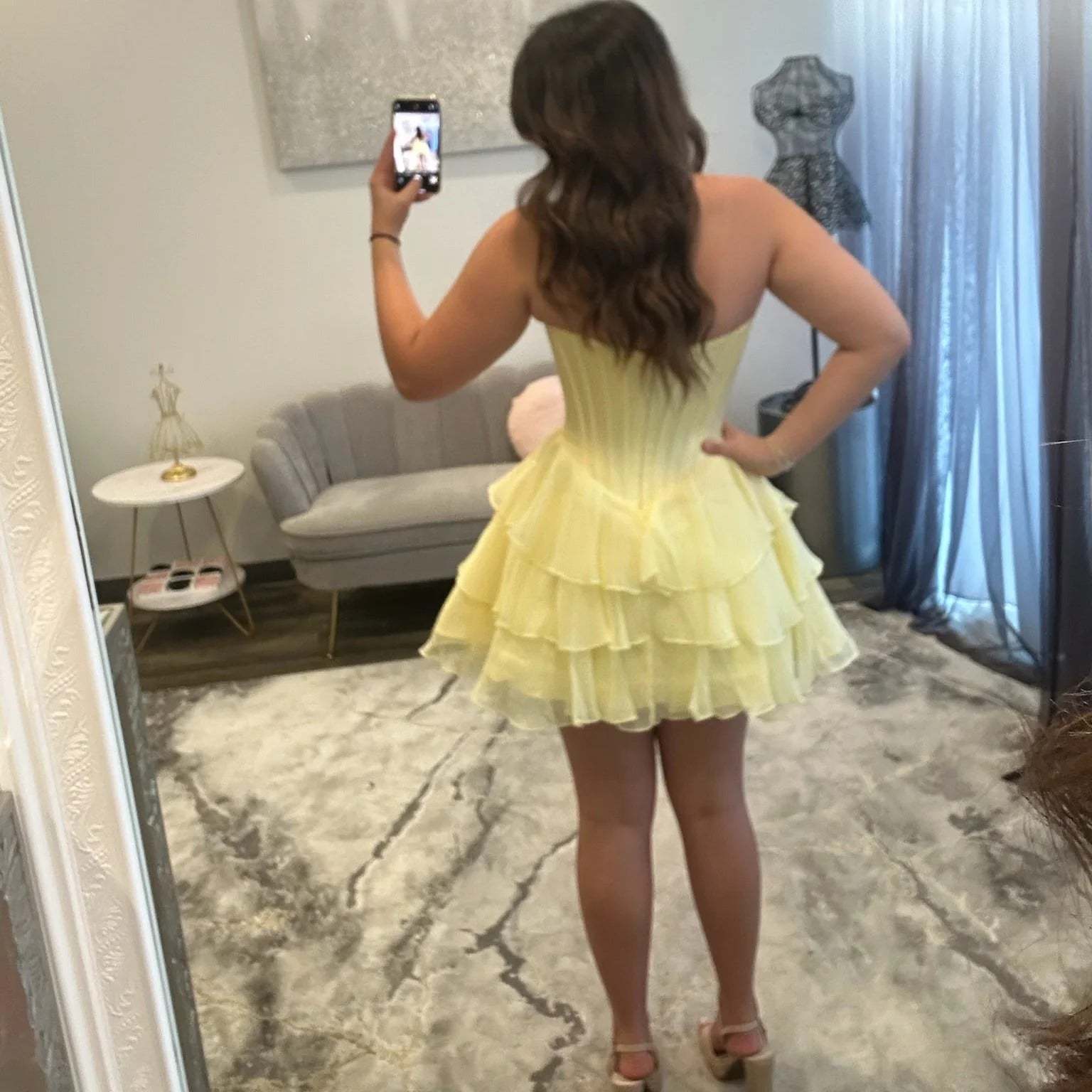 Sweetheart Strapless Ruched Chiffon Corset Homecoming Dress Bow Tiered Ruffle Mini Open Back