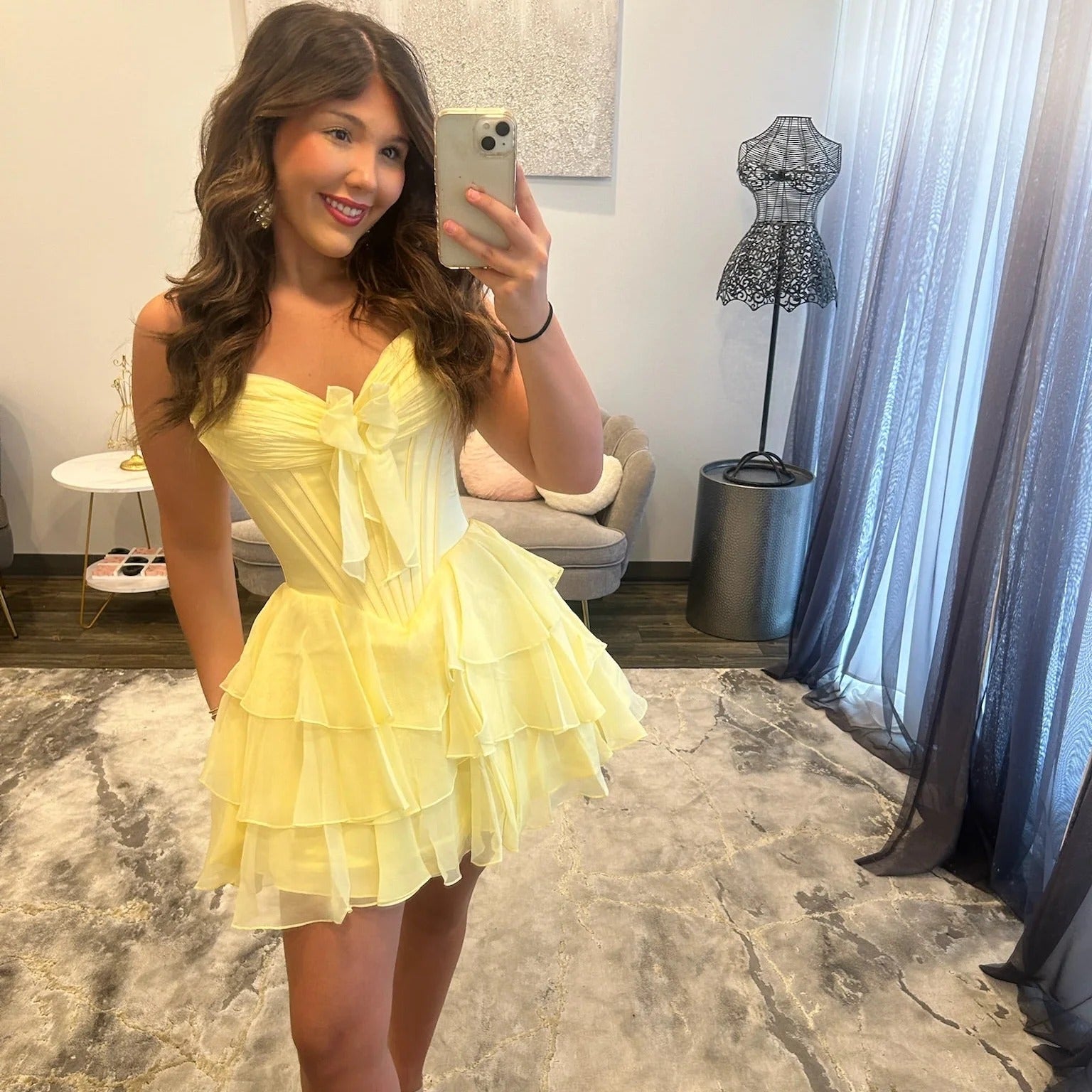 Sweetheart Strapless Ruched Chiffon Corset Homecoming Dress Bow Tiered Ruffle Mini Open Back
