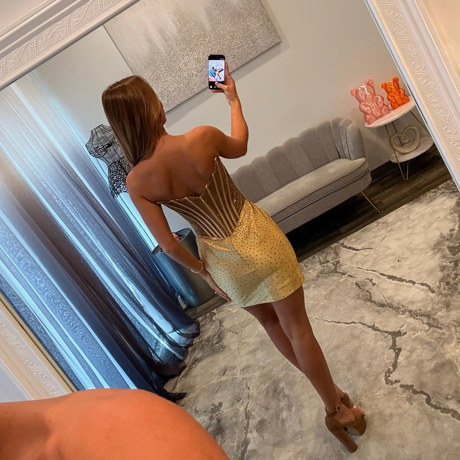 Sweetheart Strapless Sheer Rhinestone Boned Corset Homecoming Dress Crystal Bodycon Mini Open Back