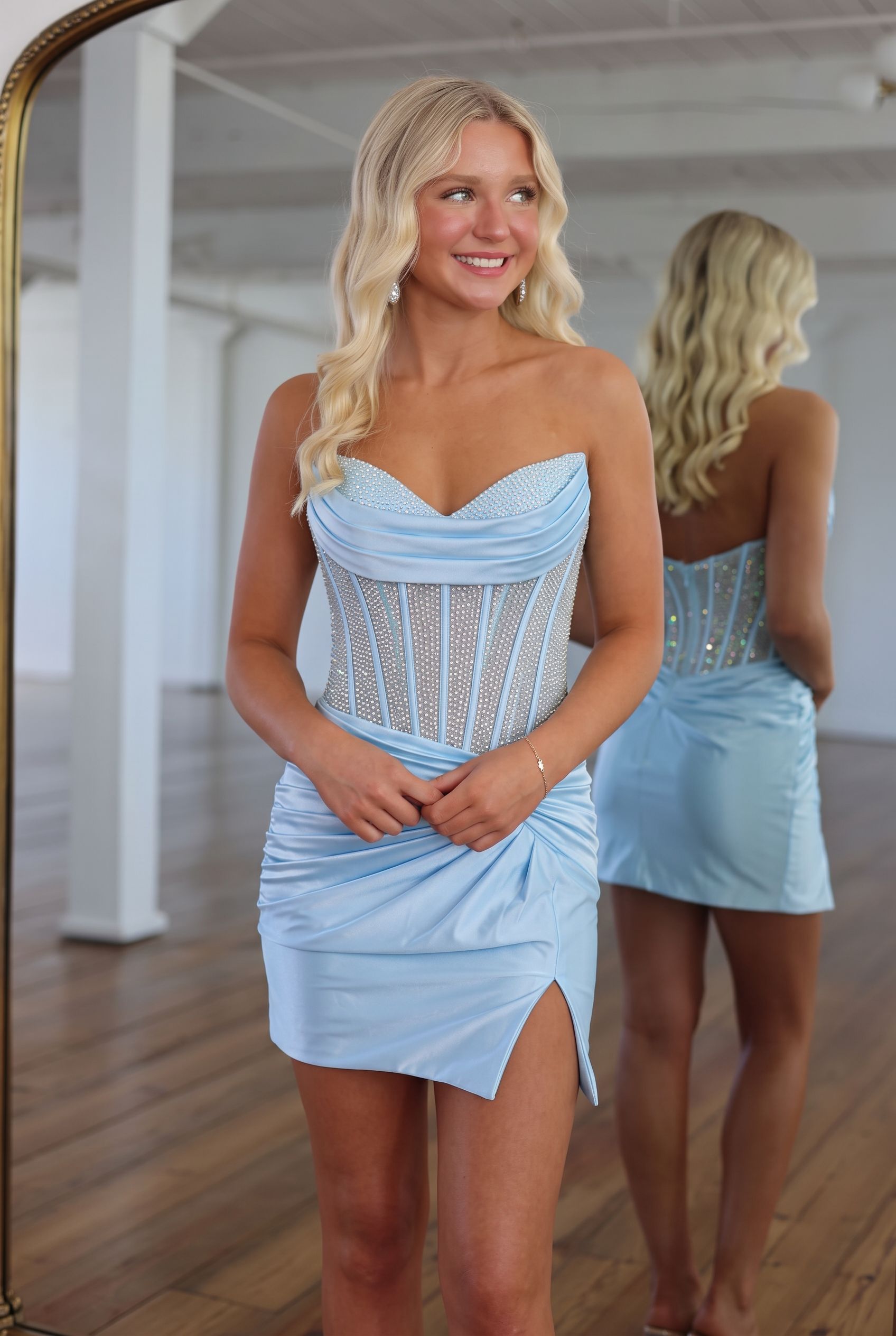 Sweetheart Strapless Sheer Rhinestone Corset Homecoming Dress Ruched Satin Wrap Mini Side Slit Open Back