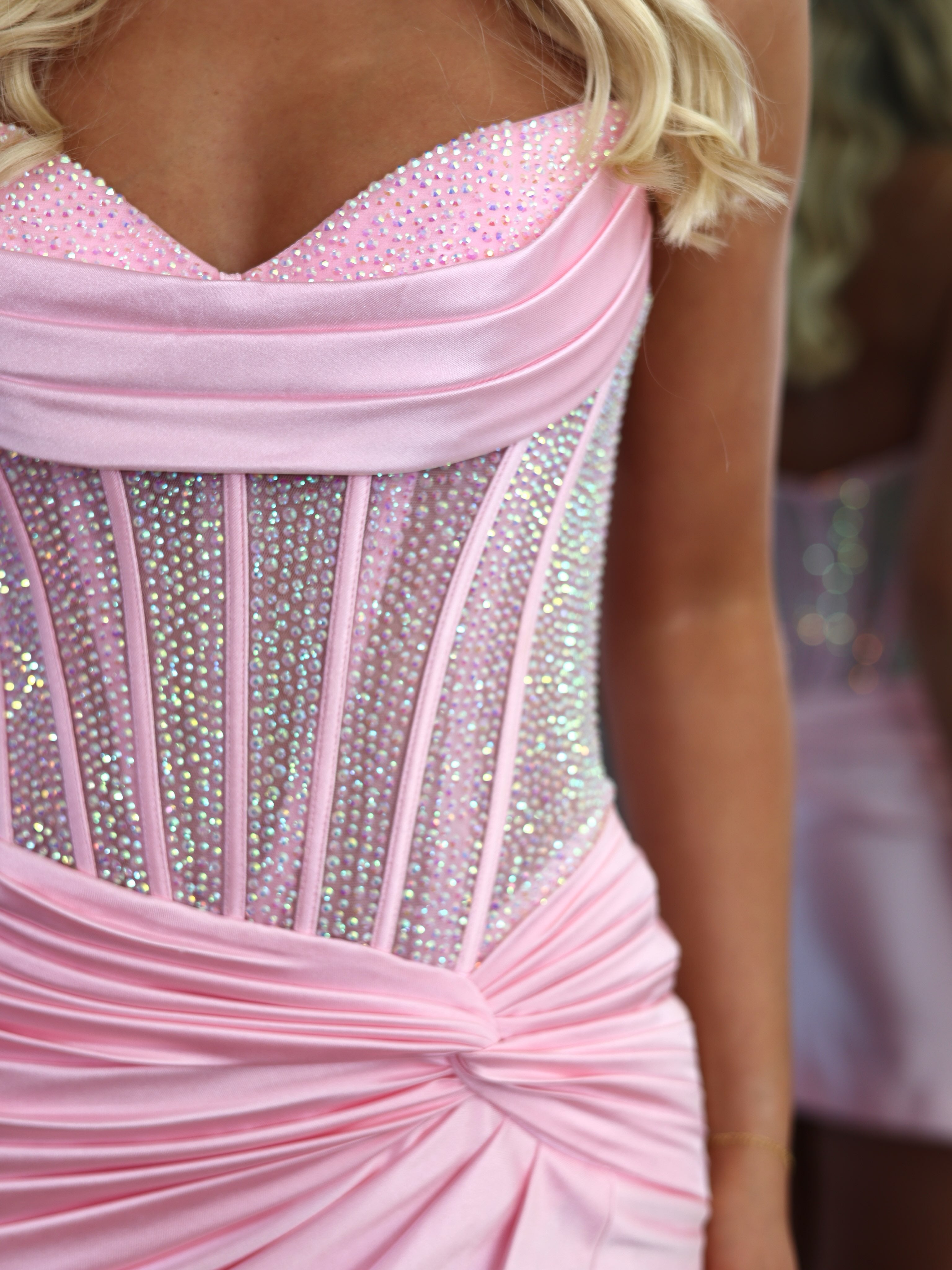 Sweetheart Strapless Sheer Rhinestone Corset Homecoming Dress Ruched Satin Wrap Mini Side Slit Open Back