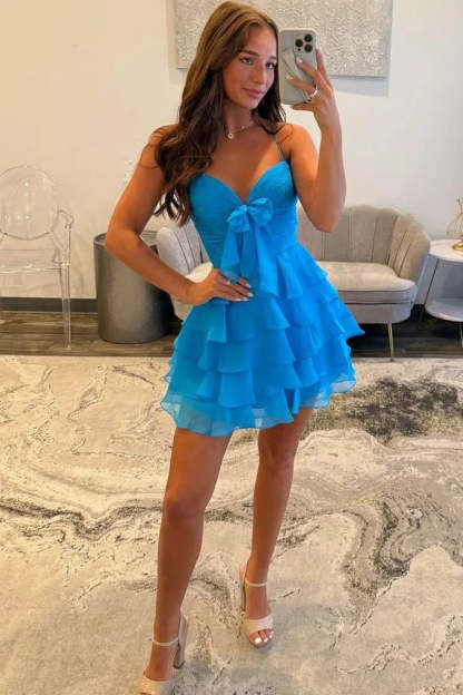 Sweetheart Tiered Ruffle Homecoming Dress Spaghetti Straps Bow Waist Open Back Short Mini