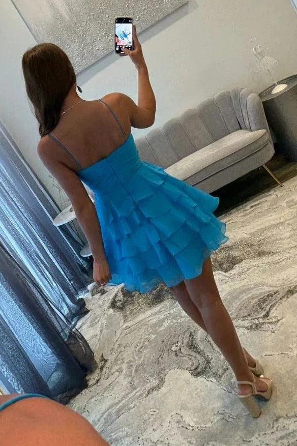 Sweetheart Tiered Ruffle Homecoming Dress Spaghetti Straps Bow Waist Open Back Short Mini