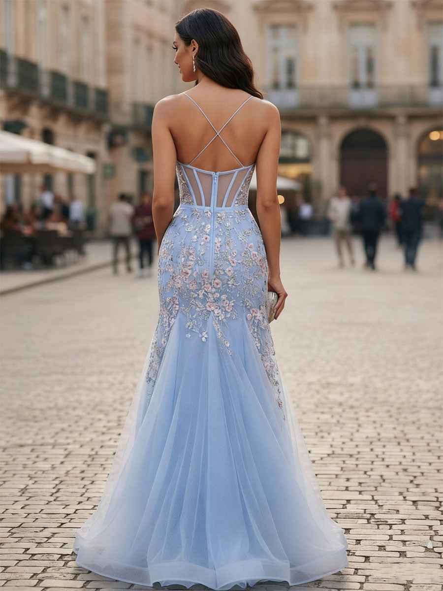 Sweetheart Tulle Mermaid Prom Dress with Sequin Floral Embroidery