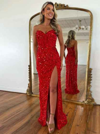 Sweetheart Mermaid Sequins Long Prom Dress with Slit