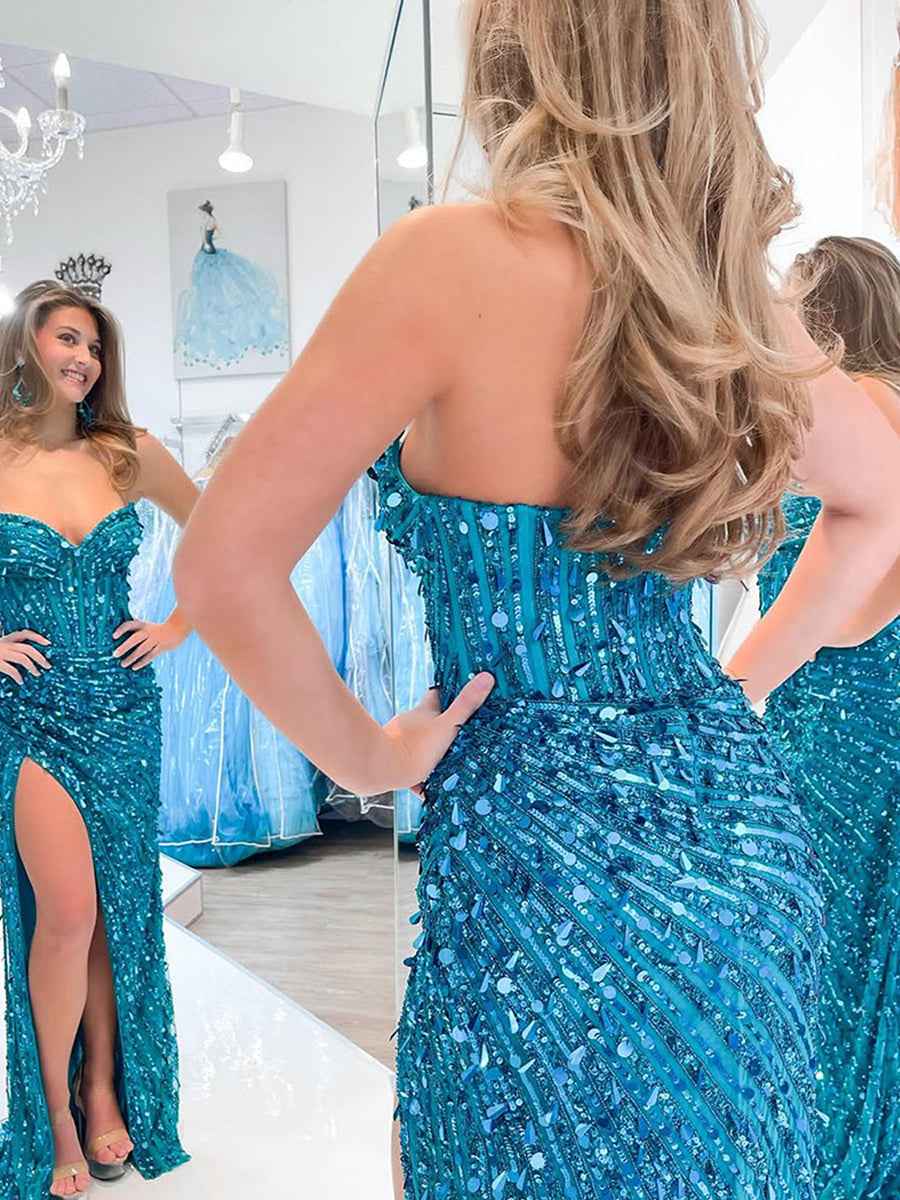 Sweetheart Mermaid Sequins Long Prom Dress with Slit