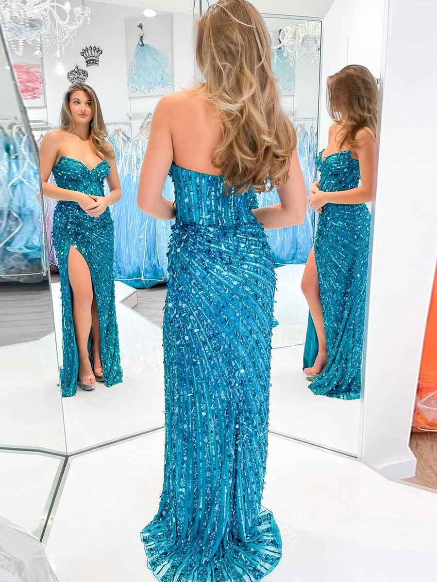 Sweetheart Mermaid Sequins Long Prom Dress with Slit