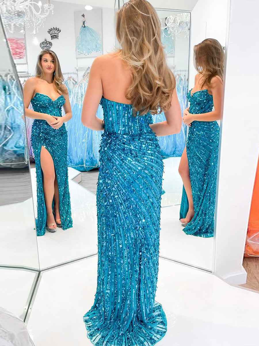 Sweetheart Mermaid Sequins Long Prom Dress with Slit