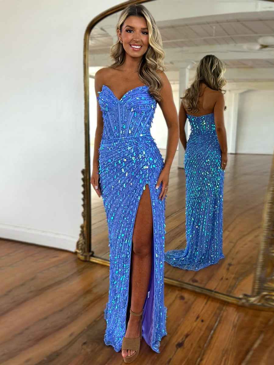 Sweetheart Mermaid Sequins Long Prom Dress with Slit