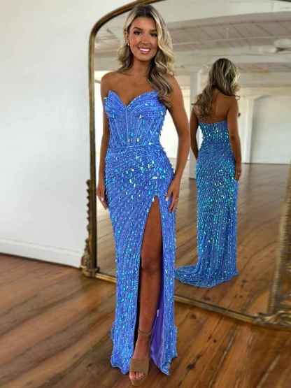 Sweetheart Mermaid Sequins Long Prom Dress with Slit