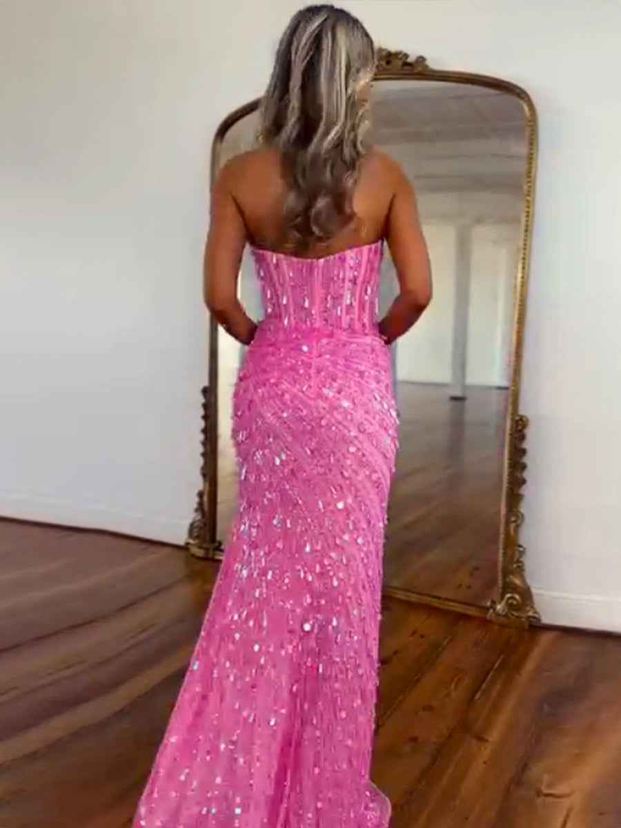 Sweetheart Mermaid Sequins Long Prom Dress with Slit
