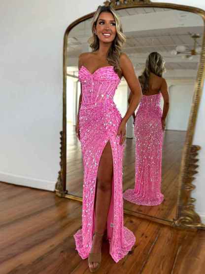 Sweetheart Mermaid Sequins Long Prom Dress with Slit