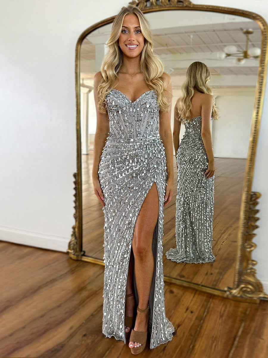 Sweetheart Mermaid Sequins Long Prom Dress with Slit