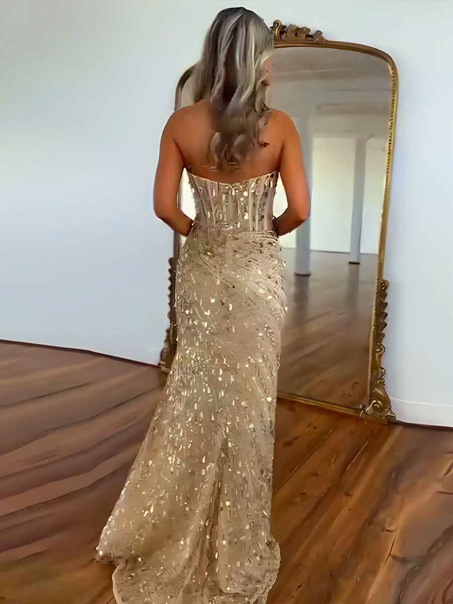Sweetheart Mermaid Sequins Long Prom Dress with Slit