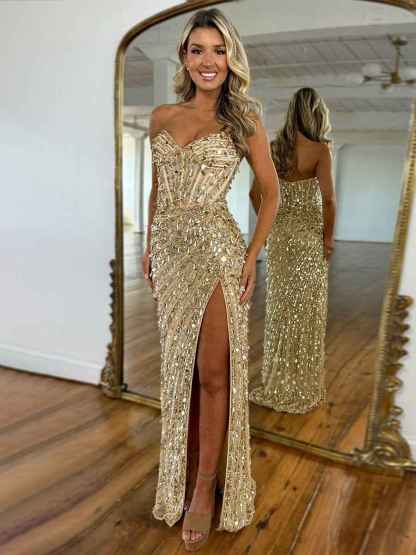 Sweetheart Mermaid Sequins Long Prom Dress with Slit