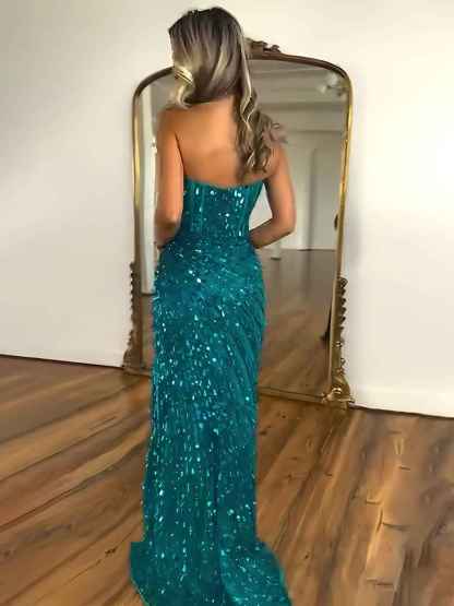 Sweetheart Mermaid Sequins Long Prom Dress with Slit