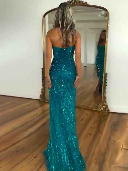 Sweetheart Mermaid Sequins Long Prom Dress with Slit