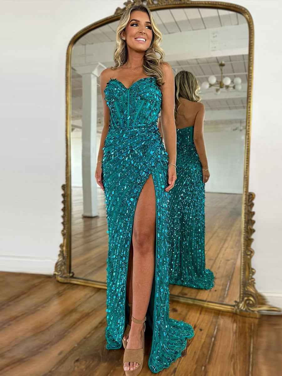 Sweetheart Mermaid Sequins Long Prom Dress with Slit