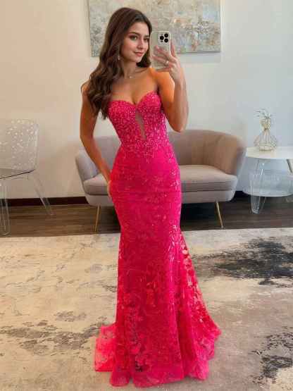 Sweetheart Strapless Empire Lace Mermaid Long Prom Dress