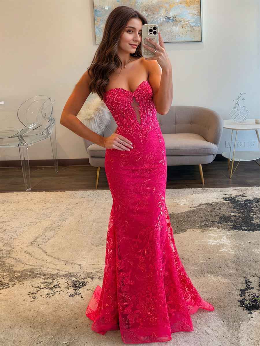 Sweetheart Strapless Empire Lace Mermaid Long Prom Dress