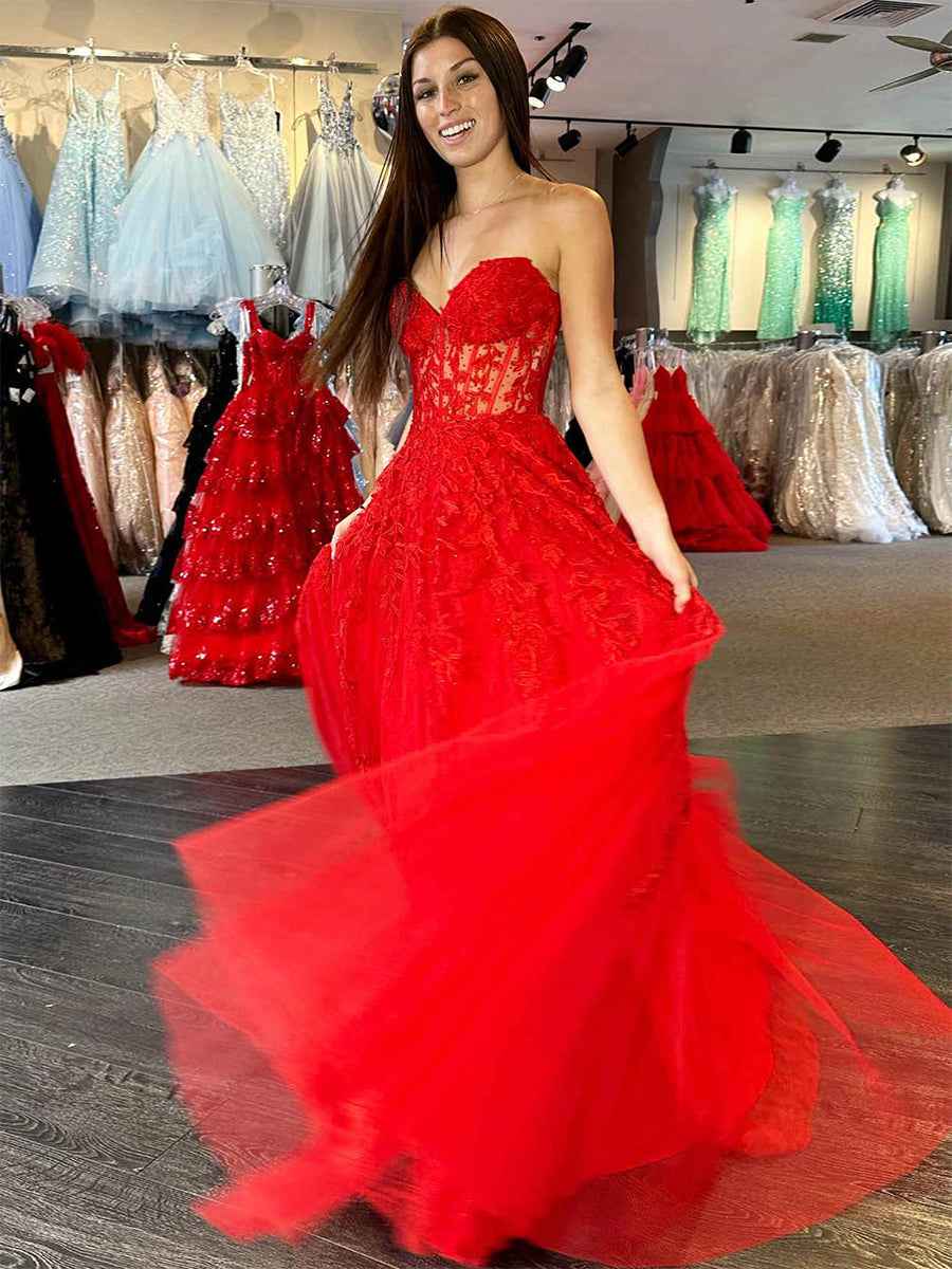 Sweetheart Strapless Lace Corset A-Line Long Prom Dress