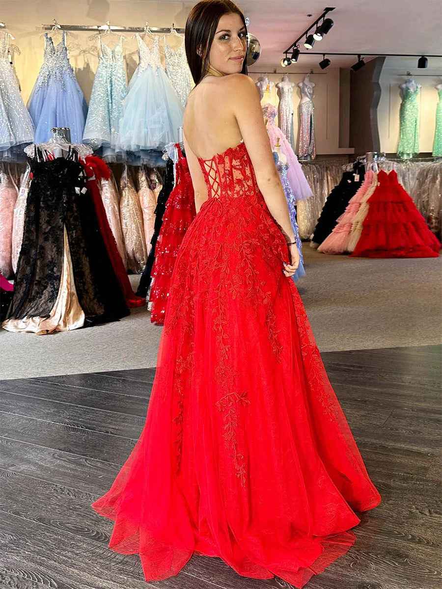 Sweetheart Strapless Lace Corset A-Line Long Prom Dress
