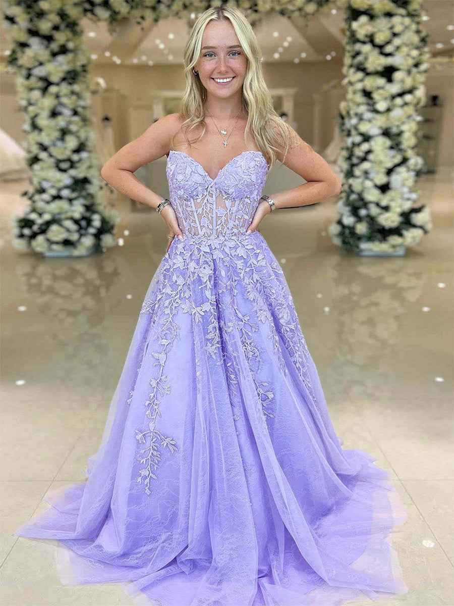 Sweetheart Strapless Lace Corset A-Line Long Prom Dress