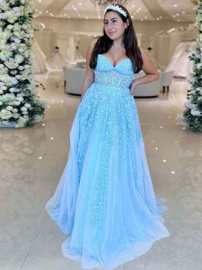 Sweetheart Strapless Lace Corset A-Line Long Prom Dress