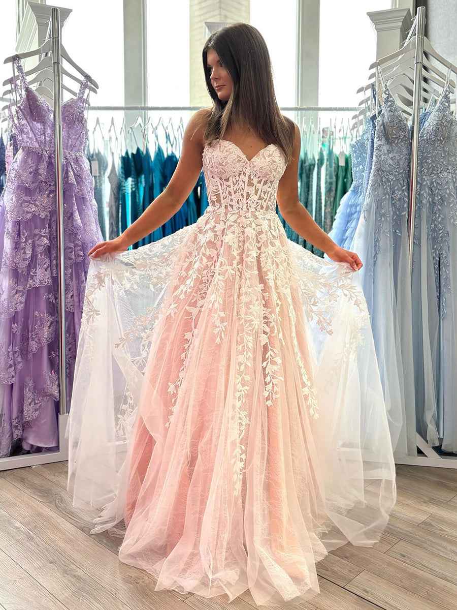 Sweetheart Strapless Lace Corset A-Line Long Prom Dress