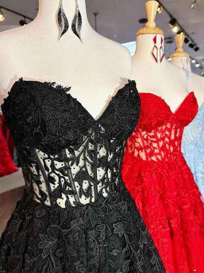 Sweetheart Strapless Lace Corset A-Line Long Prom Dress