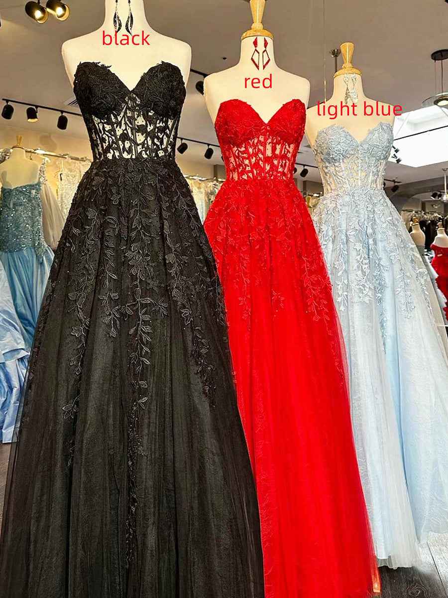 Sweetheart Strapless Lace Corset A-Line Long Prom Dress