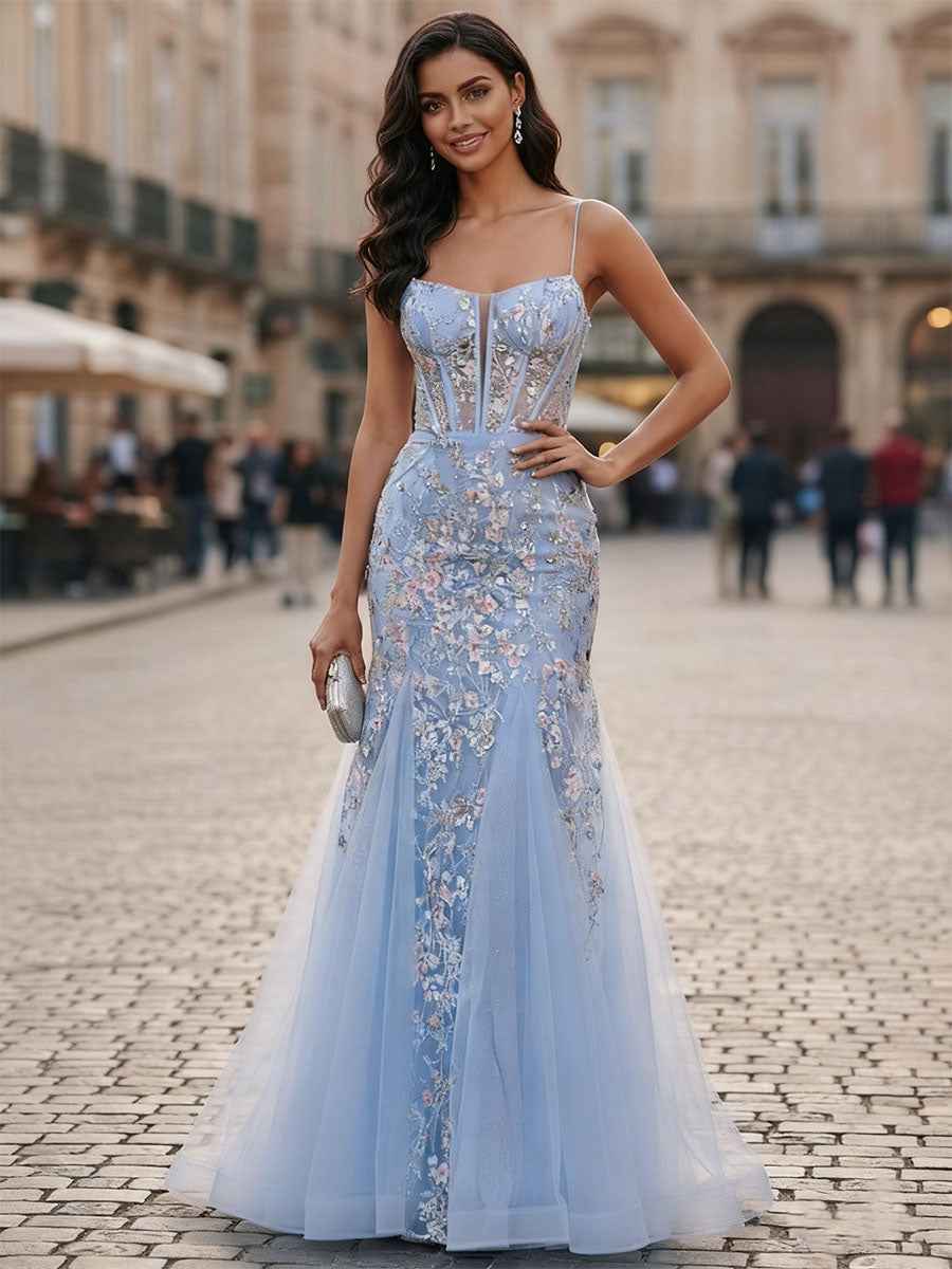 Sweetheart Tulle Mermaid Prom Dress with Sequin Floral Embroidery