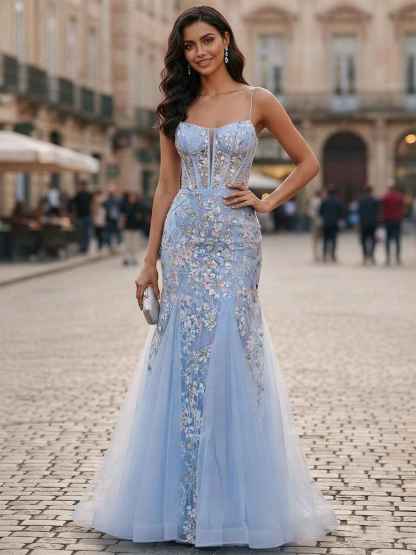Sweetheart Tulle Mermaid Prom Dress with Sequin Floral Embroidery