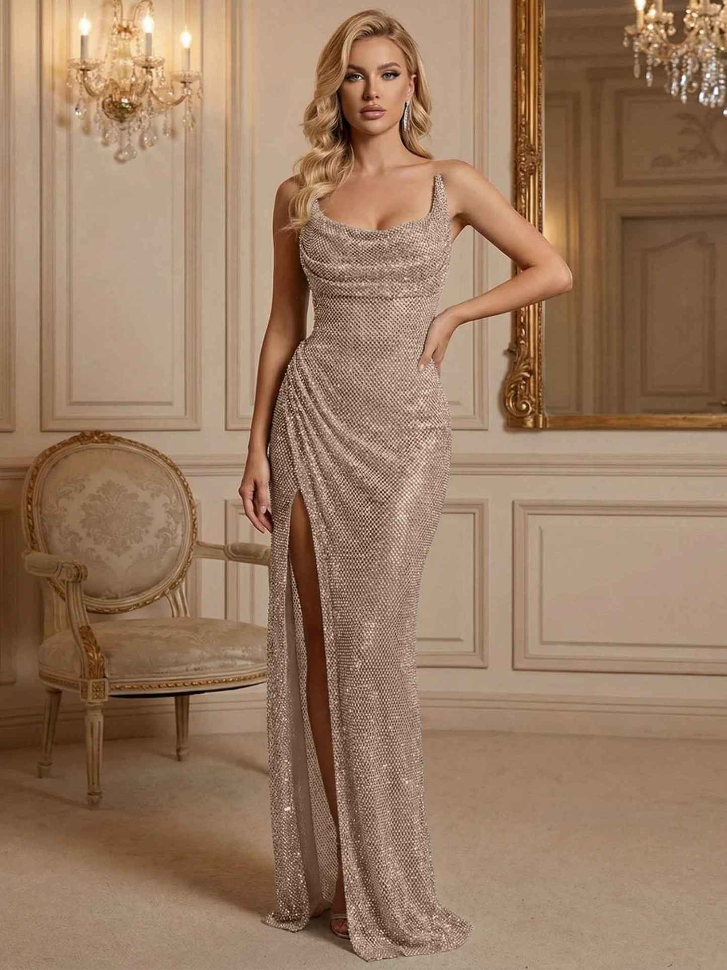 Silver Sequin Cowl Neck Ruched Long Prom Dress with High Slit