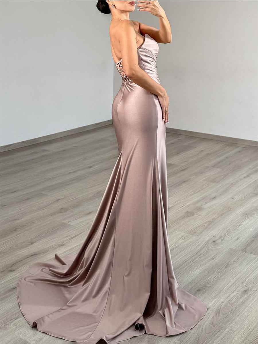 Taupe Strapless Satin Cutout Prom Dress with Crystal Detail