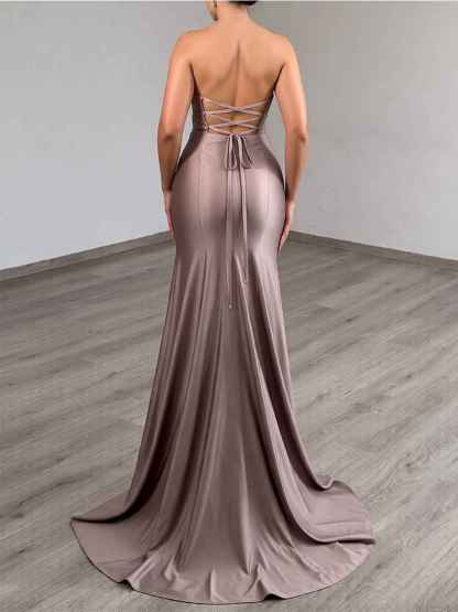 Taupe Strapless Satin Cutout Prom Dress with Crystal Detail