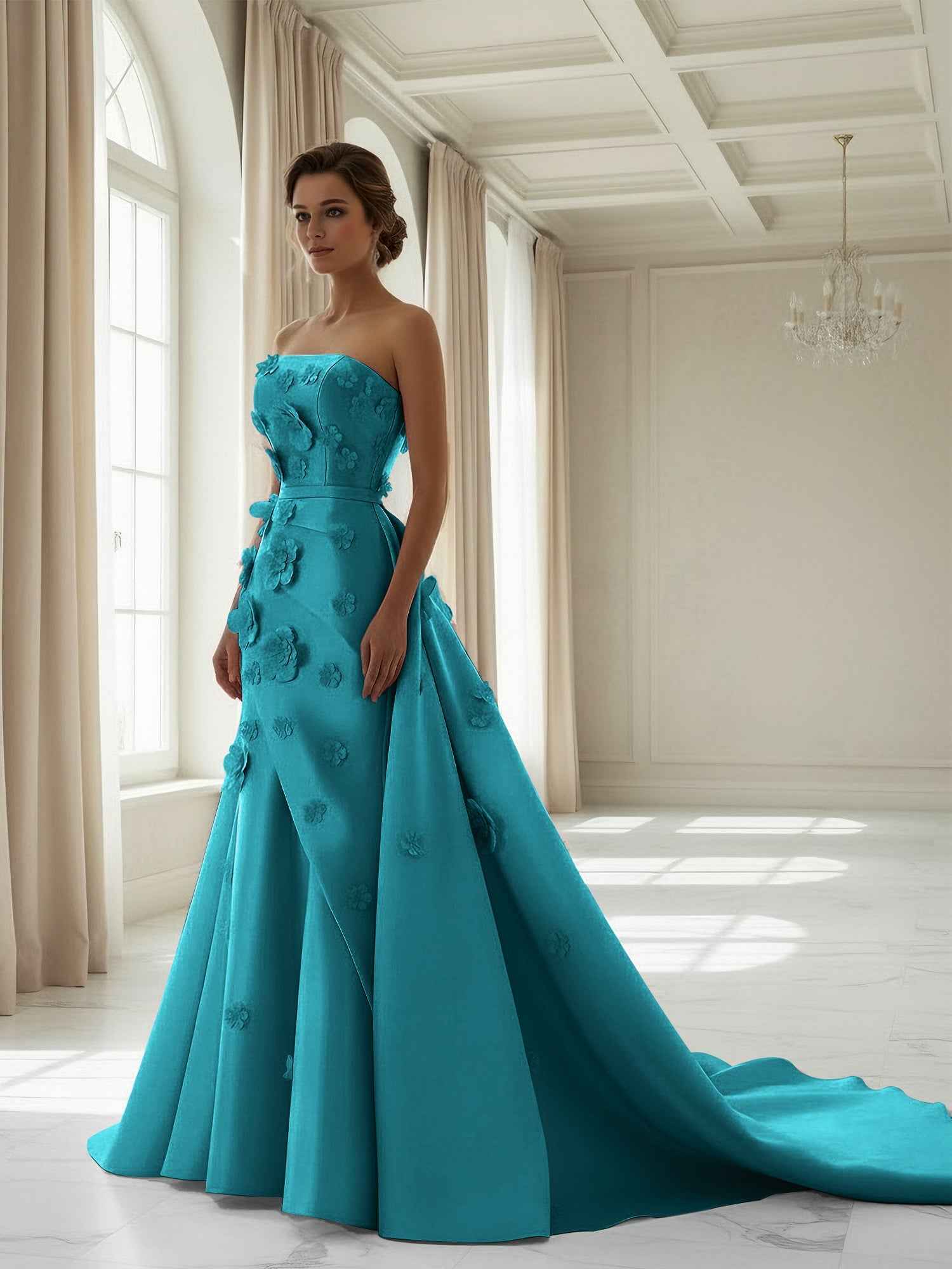 Pink A Line Satin Strapless Prom Dress with 3D Floral Appliques