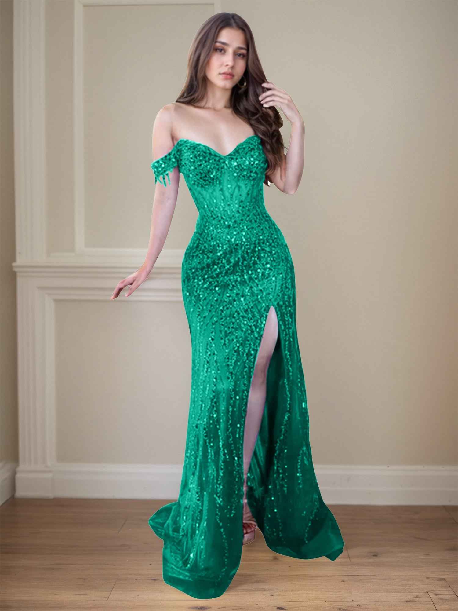 Red Off-the-Shoulder Beaded Tulle Long Prom Dress with Swirling Sequins