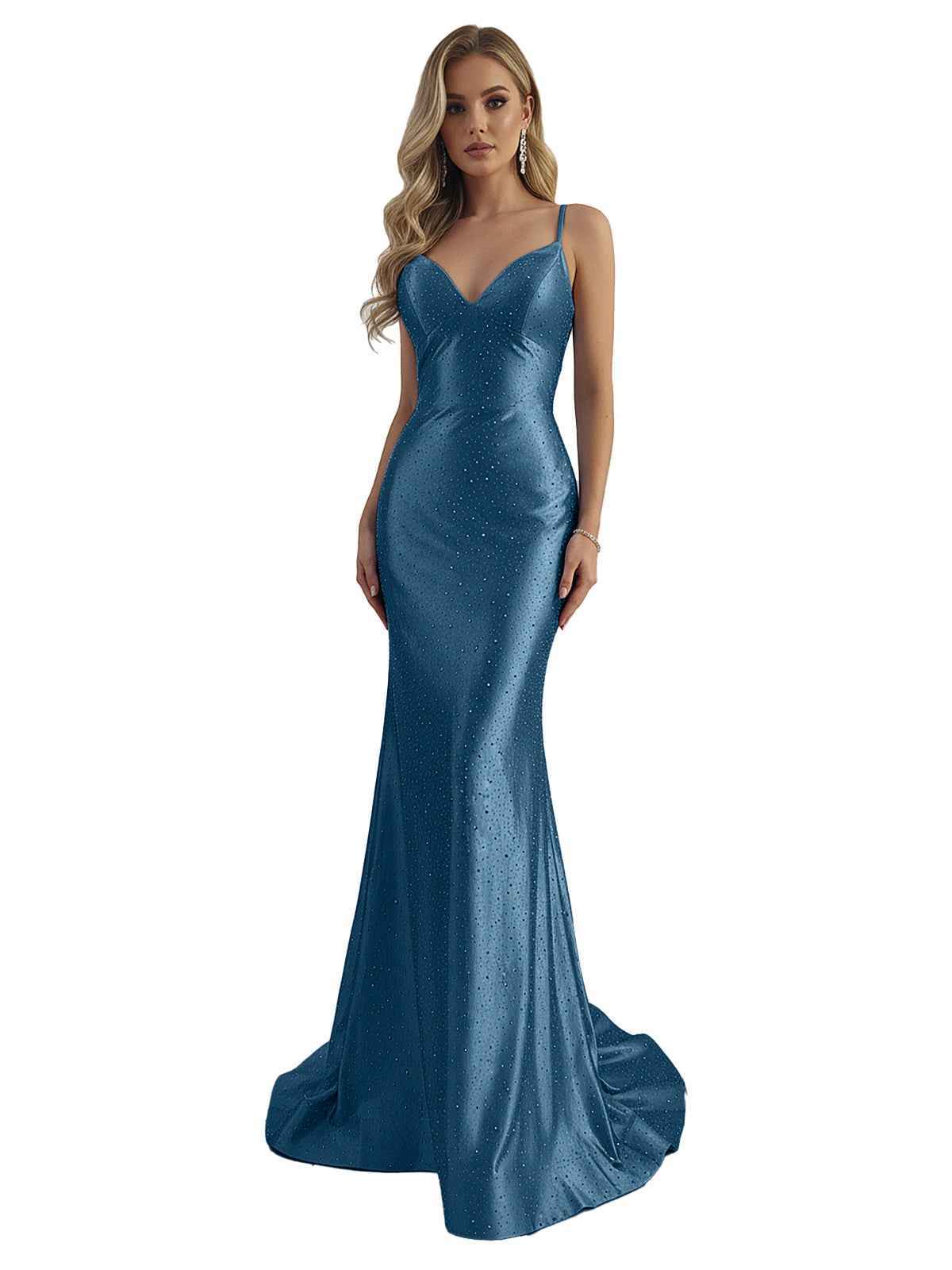 Blue Mermaid Spaghetti Straps V-Neck Rhinestone Long Prom Dress
