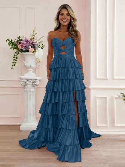 A Line Strapless Sweetheart Satin Prom Dress with Keyhole