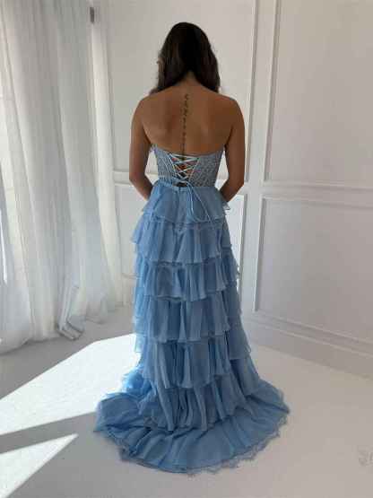 Tiered Yellow Lace Corset Bodice Prom Dress with High Slit