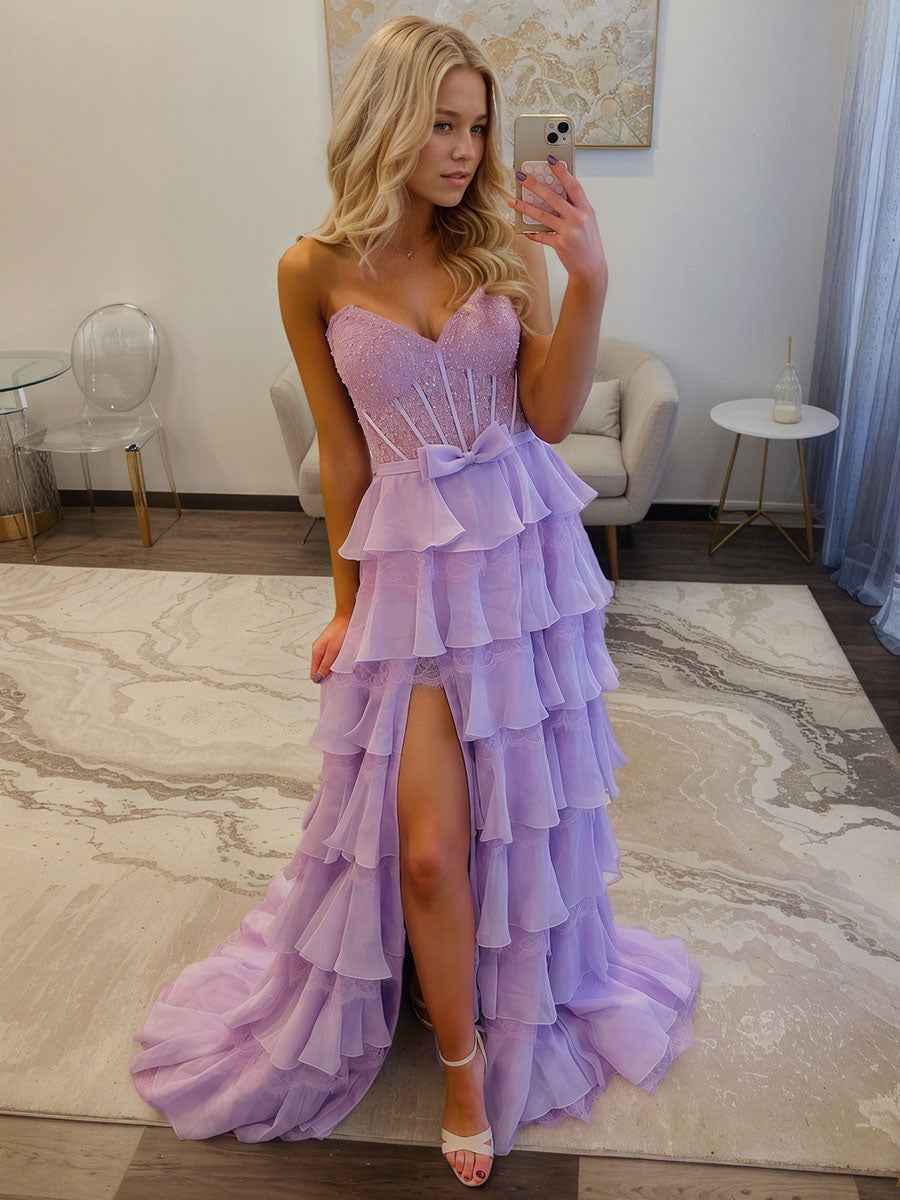 Tiered Yellow Lace Corset Bodice Prom Dress with High Slit