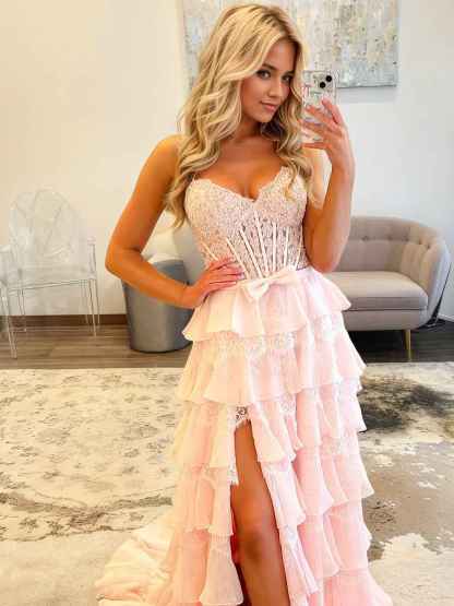 Tiered Yellow Lace Corset Bodice Prom Dress with High Slit