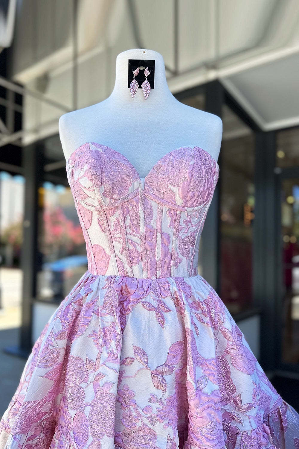 Trendy Blue Strapless Flower Printed Corset Short Homecoming Dress with Ruffles