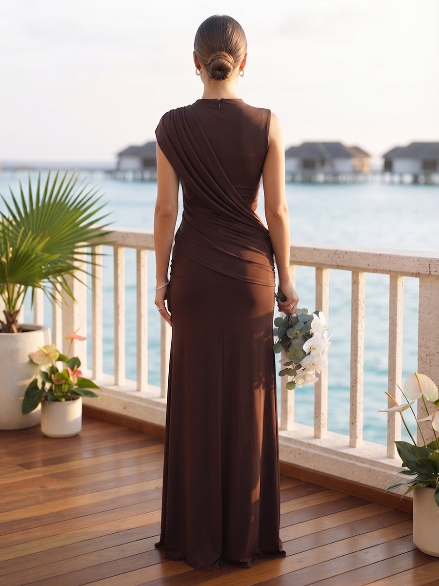 Trumpet/Mermaid Asymmetrical High Neck Long Bridesmaid Dresses with Ruched & Pleats