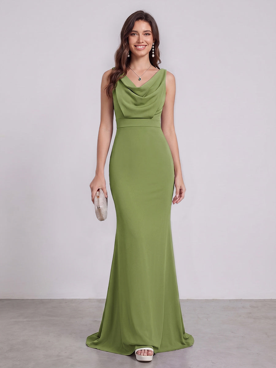 Trumpet/Mermaid Cowl Neck Sleeveless Floor-Length Bridesmaid Dresses With Ruched