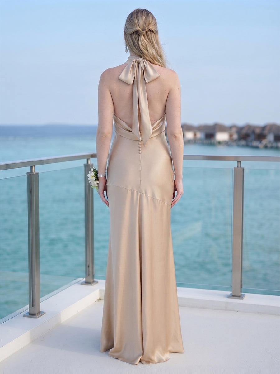 Trumpet/Mermaid Halter Sleeveless Floor-length Bridesmaid Dresses with Ruched & Bowknot