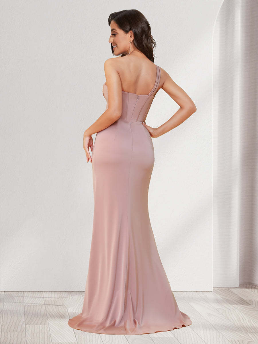 Trumpet/Mermaid One Shoulder Floor Length Ruched Bridesmaid Dresses with Split Side