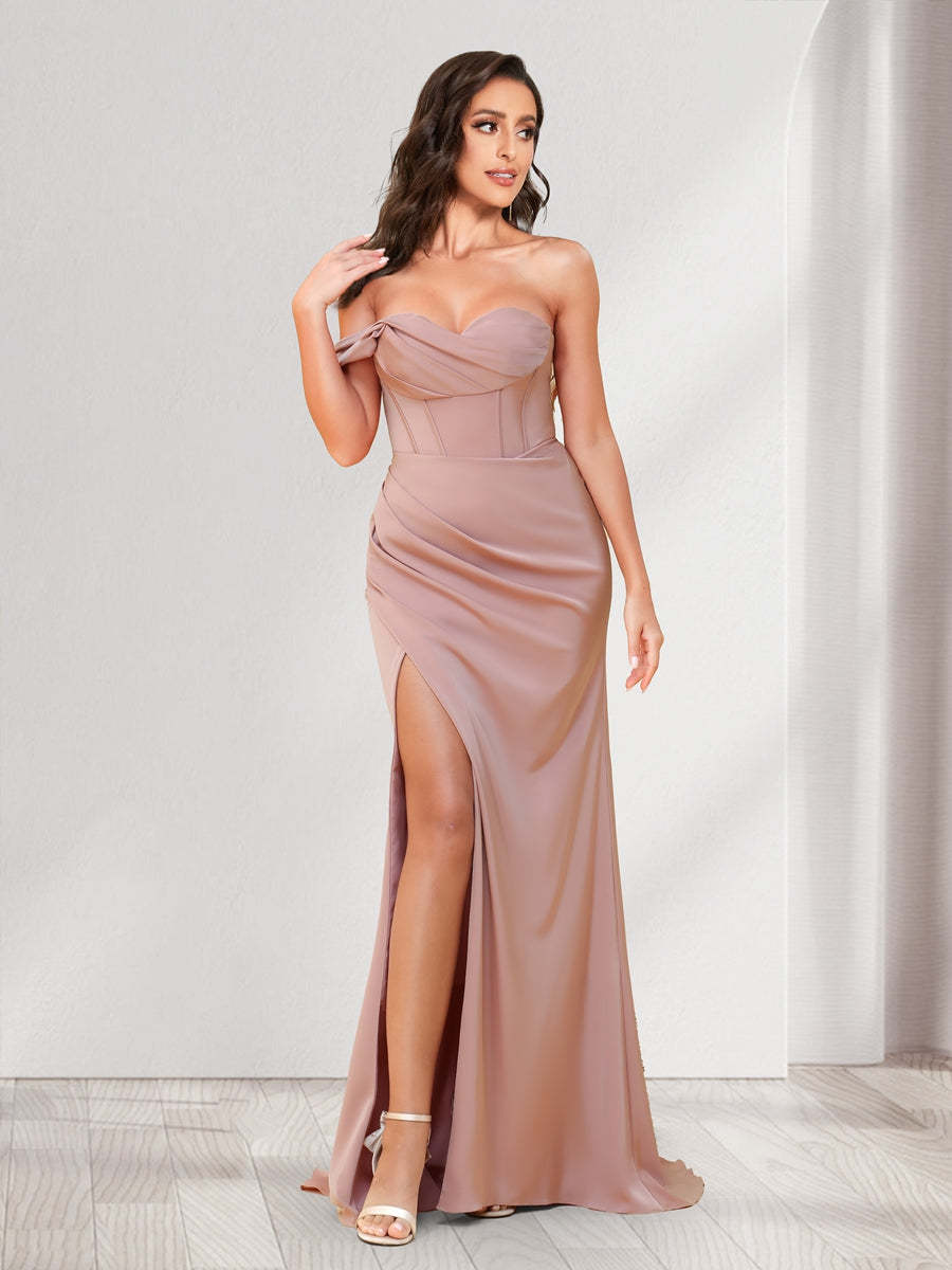Trumpet/Mermaid One Shoulder Floor Length Ruched Bridesmaid Dresses with Split Side
